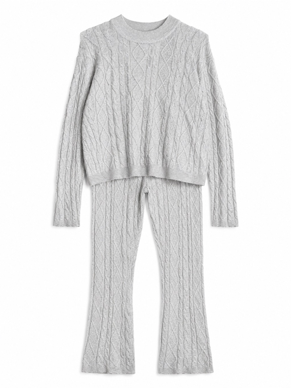 Pink Rose | Two-piece Cable-knit Sweater and Wide-leg Pants Set in Heather Gray